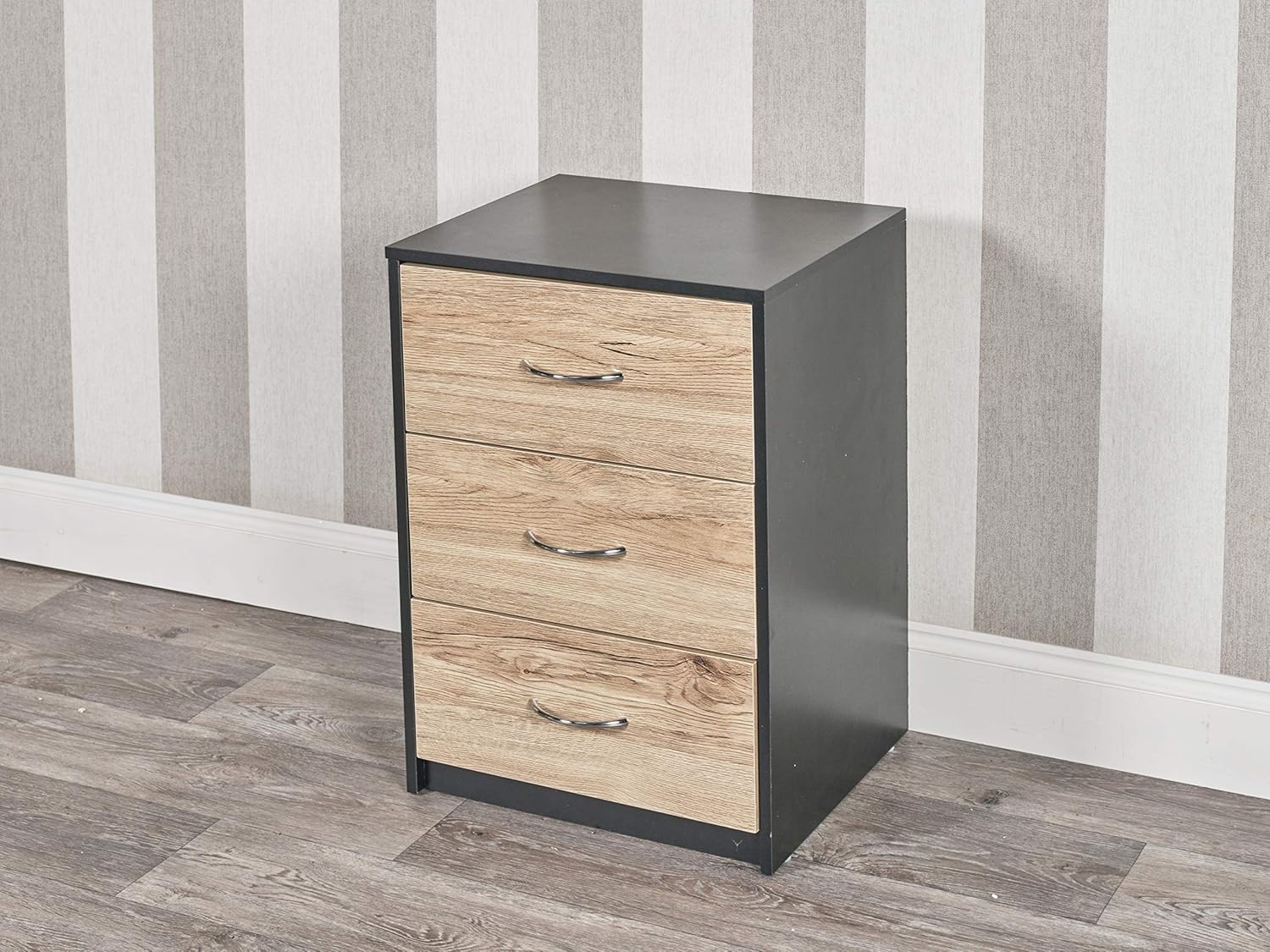 URBNLIVING 3 Drawer Wooden Bedroom Bedside (Black Carcass + Oak
