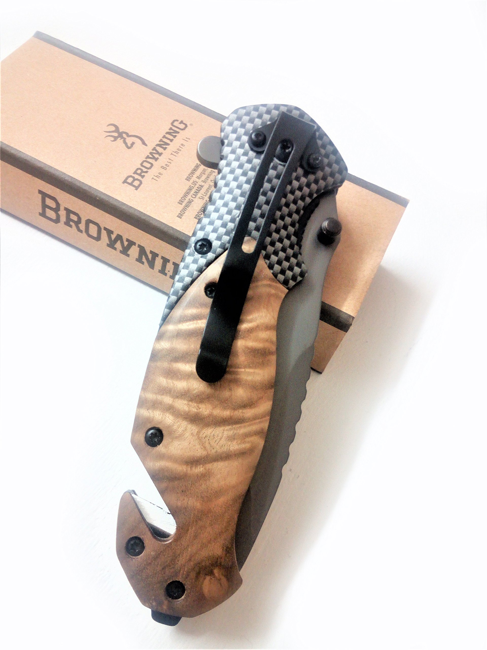 Brrrowning Hunting Folding Knife with Seat Belt Cutter and Slotted Screwdriver for Survival Camping Tactical, Gray Titanium Coating Blade and Wood Handle