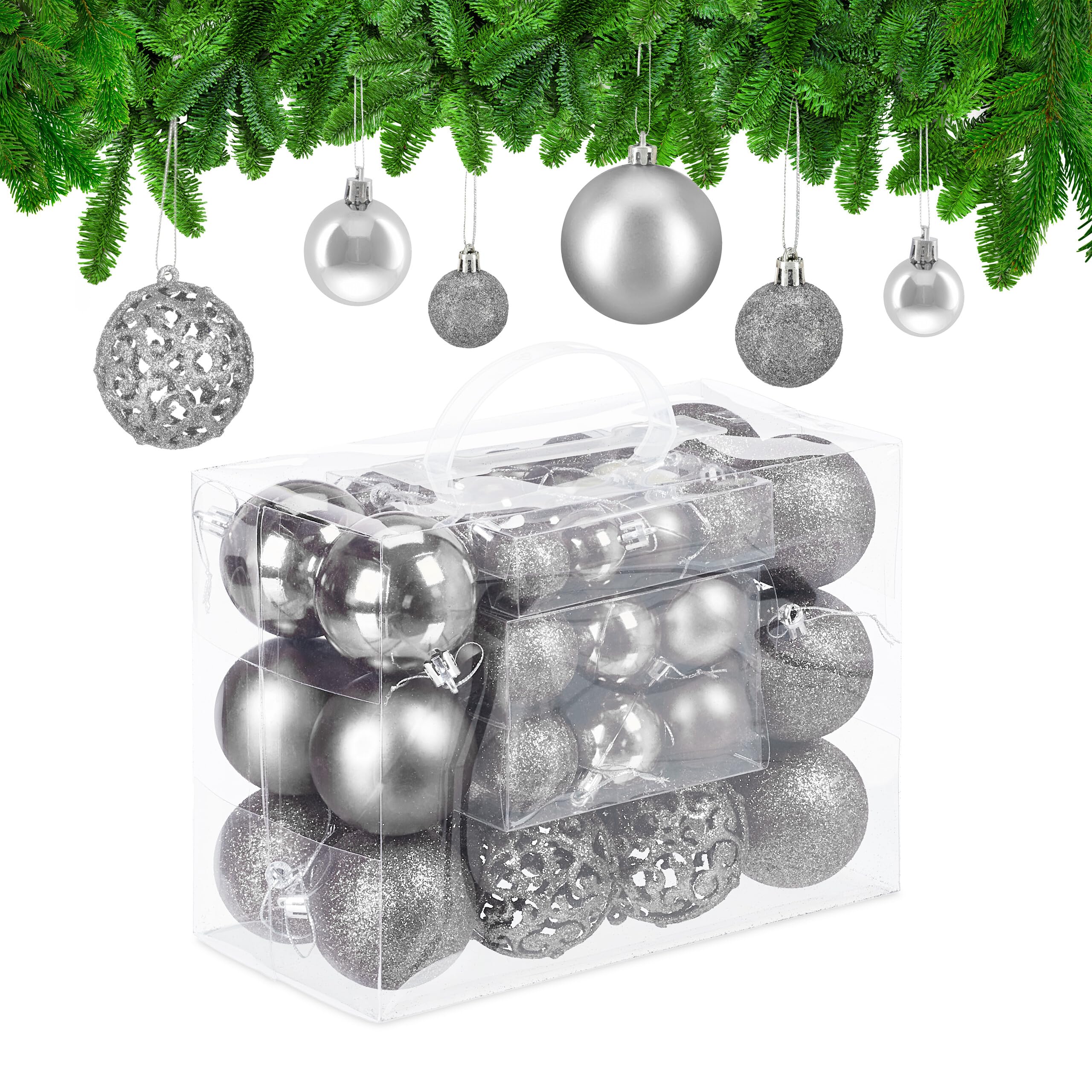 Relaxdays Christmas Bauble Set of 50, Glittery, Matt & Shiny Ornaments, Plastic Xmas Tree Balls, Ø: 3, 4 & 6 cm, Silver