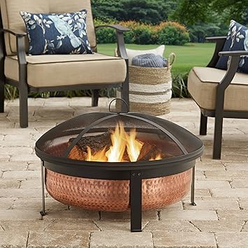 Modern Hammered Copper Metal Wood Burning Round Cauldron Patio