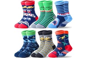 Welwoos Kids Boys Toddlers Fuzzy Slipper Grips Socks Non Slip Winter Thick Warm Fluffy Cozy Fun Crew Hospital Socks 6 Pairs