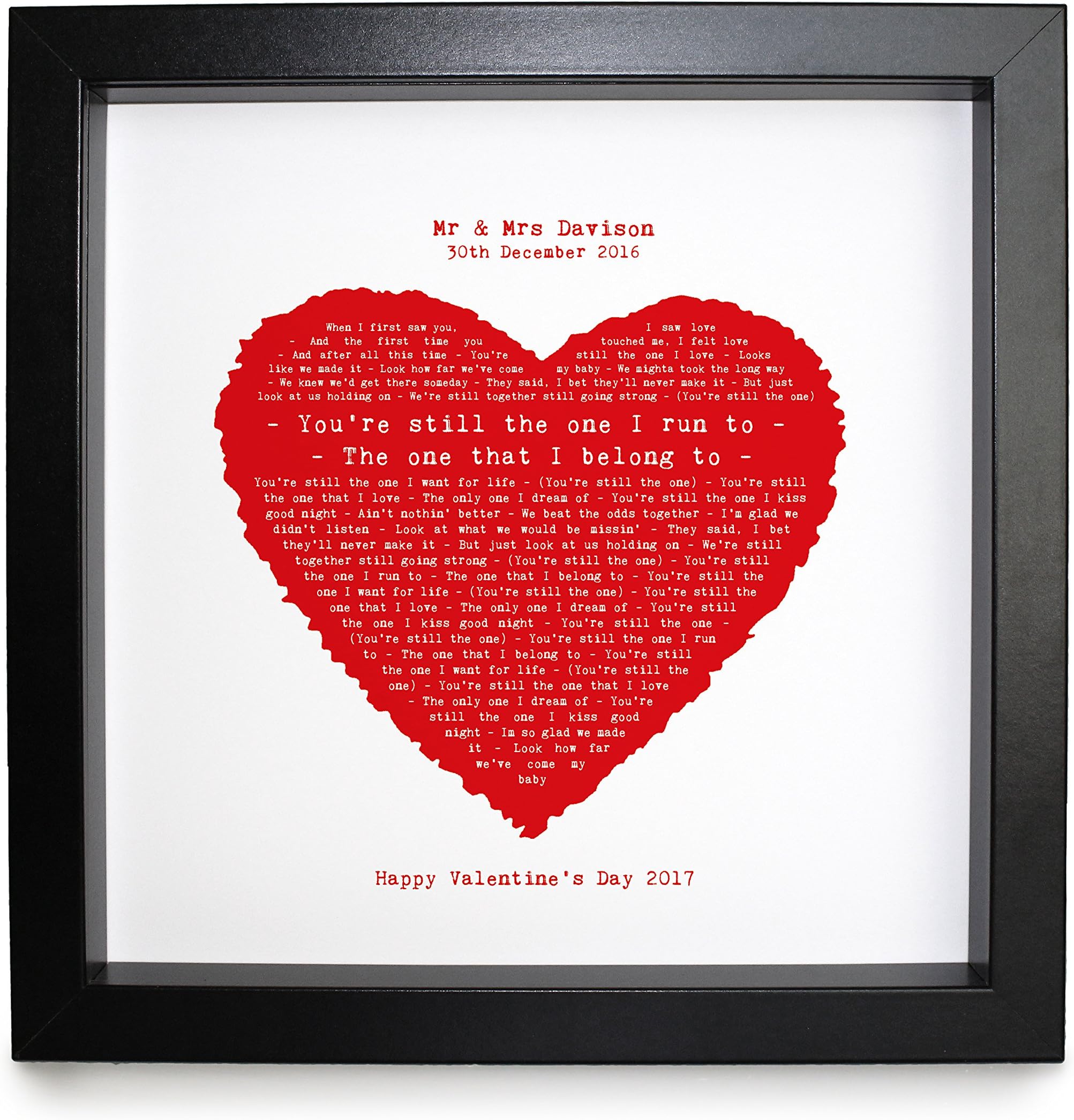 Our Song Romantic Valentine's Day Gift in heart design || Any Song Lyrics, Words, Wedding Vows, Poem, Quote || FULLY FRAMED PRINT || Black 23cm Box Frame