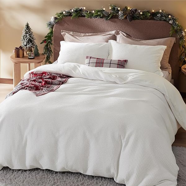 BEDSURE COTTON DUVET COVER KING – 100% COTTON WAFFLE WEAVE COCONUT WHITE DUVET COVER KING SIZE, GENTLESOFT™ AND BREATHABLE BEDDING SET FOR ALL SEASON, 3 PIECES, 104″X90″