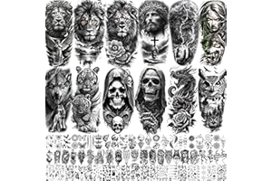 SHELYEXIEN 75 Sheets Skull Temporary Tattoos For Men Adults Forearm, Halloween Zeus God Lion Poseidon Half Arm Sleeve Tattoo For Women Jesus Christ Skeleton Dragon Owl, Realistic Fake Tattoo Stickers Wolf Tiger