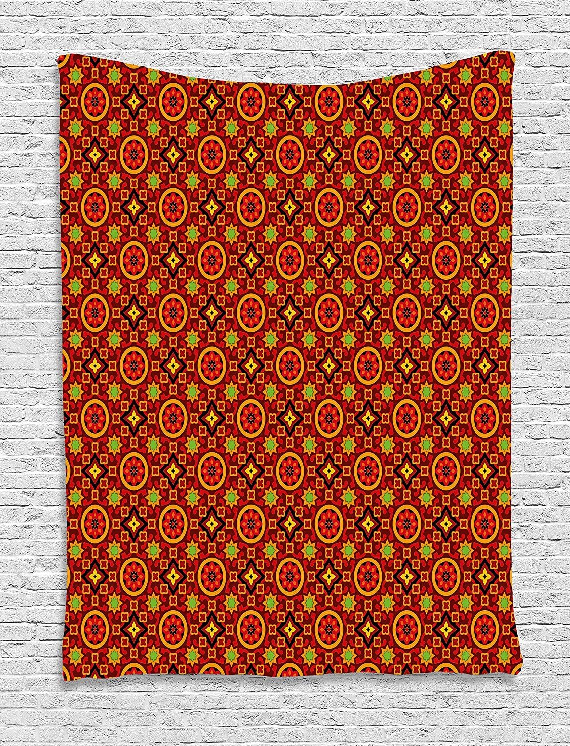 XHFITCLtd Geometric Tapestry, Sindhi Ajrak Graphic Design Flower Motifs Ornamental Details Traditional Eastern, Wall Hanging for Bedroom Living Room Dorm, 40 W x 60 L Inches, Multicolor