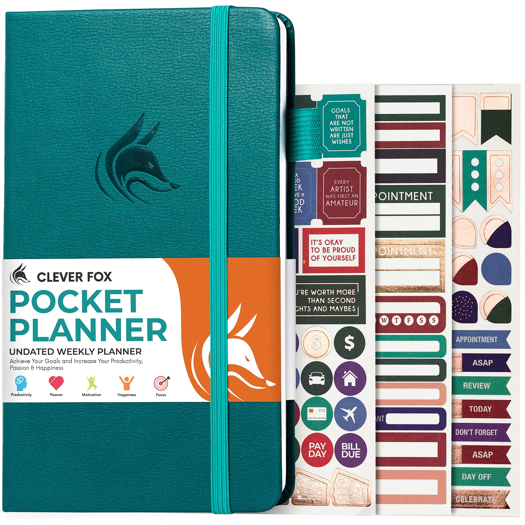 Clever Fox Pocket Weekly – Undated Monthly Goal Planner and Calendar, Mini Planner Perfect for Purse, 10x17.5cm (Dark Teal)
