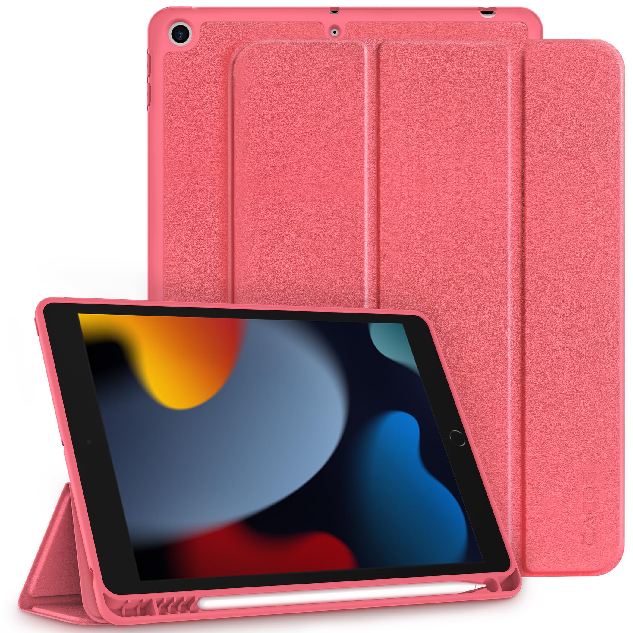 CACOE Case Compatible with iPad 9th /8th /7th Generation 2021 2020 2019, 10.2 Inch Case with Pencil Holder, Soft TPU Back Cover Auto Wake/Sleep, Watermelon Pink — image 1