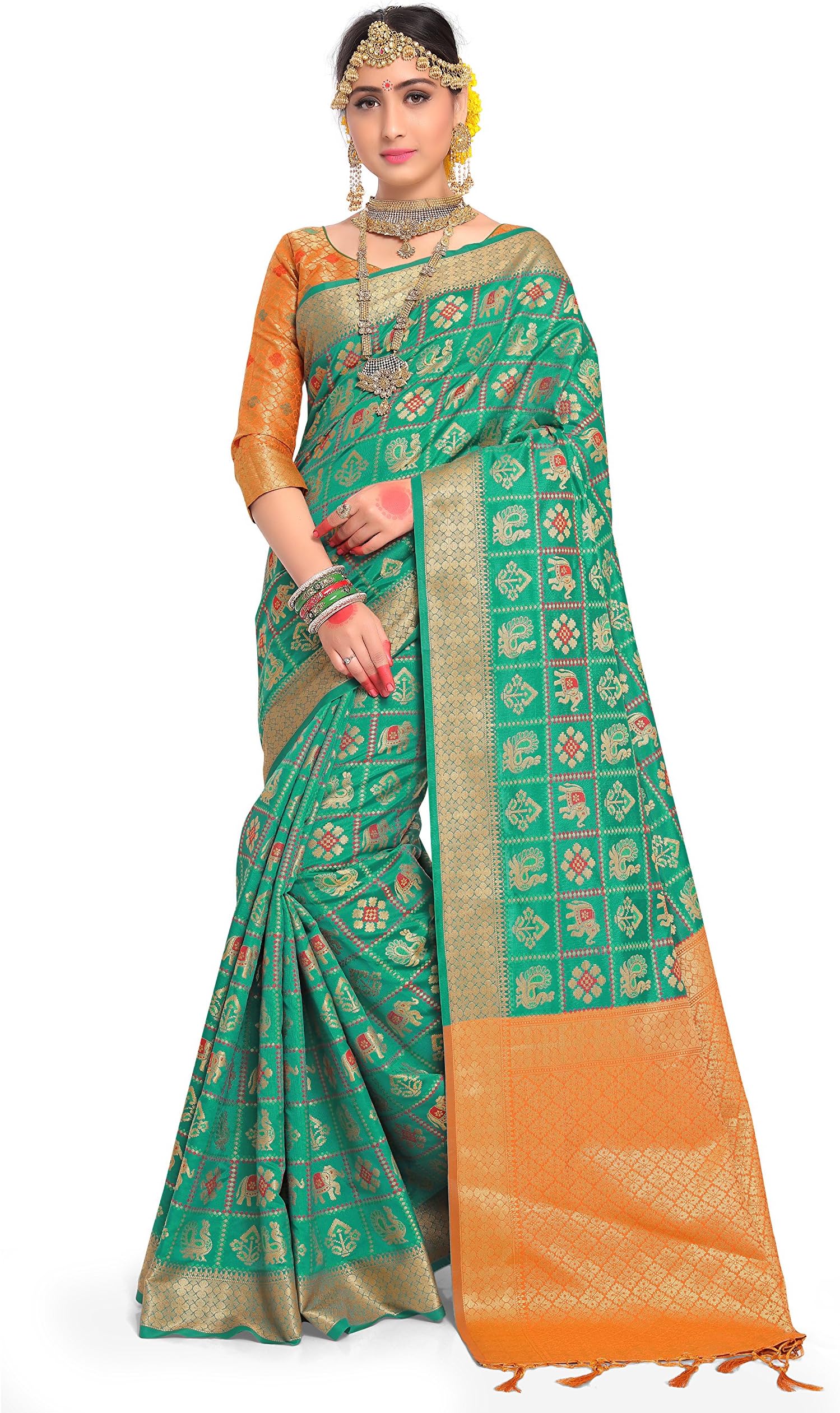HEART N SOUL Indian Bollywood Sarees for Women Patola Silk Woven Saree l Tradional Wedding Wear Sari with Unstitched Blouse