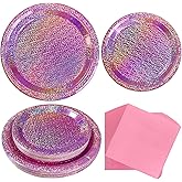 Pink Iridescent Paper Plates & Napkins, 75pcs Dinnerware Includes 9" Dinner Plates, 7" Dessert Plates & 6.5" Napkins, Holographic Sparkle, Disposable Party Tableware for Birthday, Bachelorette