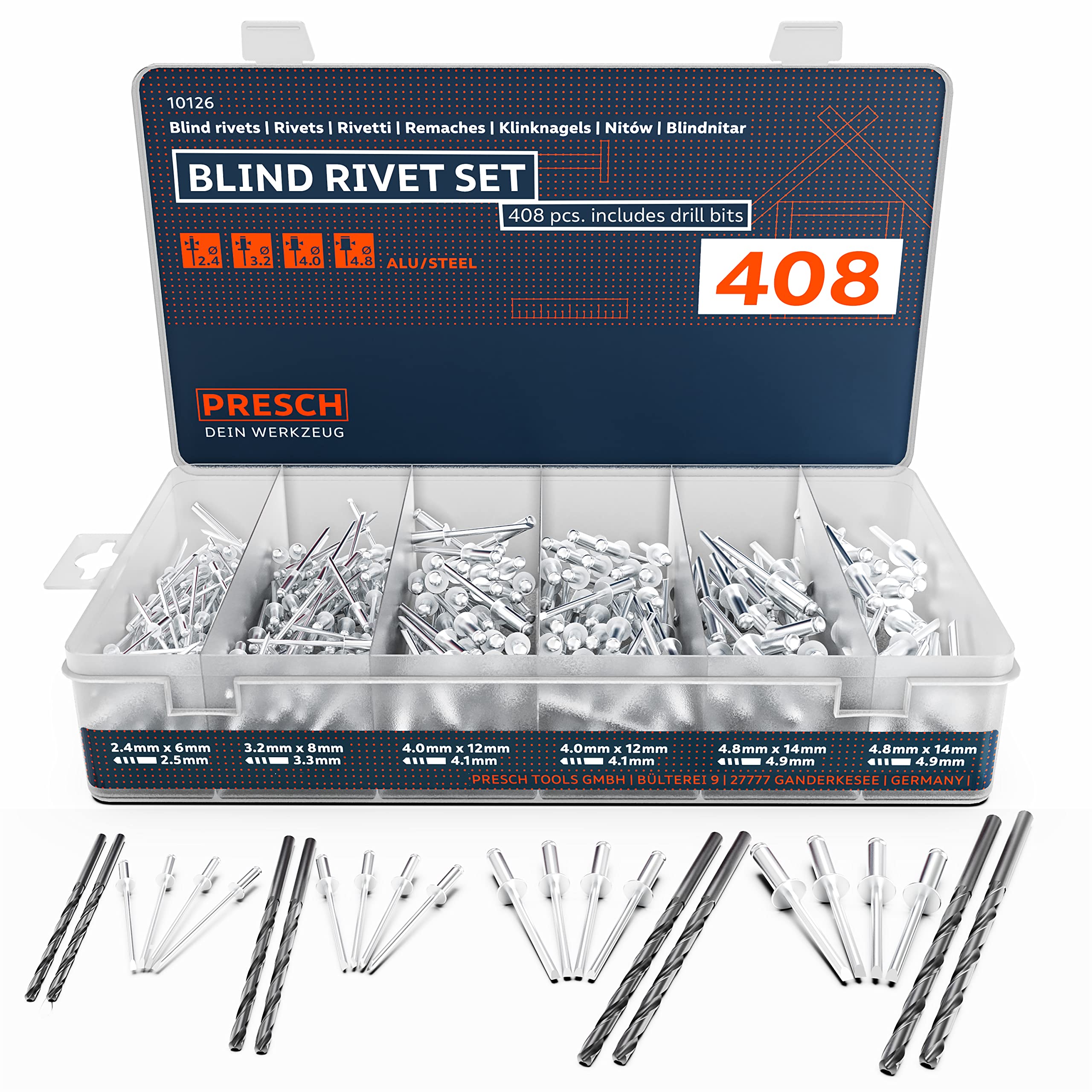 Presch Blind Rivets Assorted 408 pcs. incl. 8 HSS Drill bits - 400 Aluminium/Steel Rivet Assortment 2.4, 3.2, 4.0 and 4.8 mm and 8 Matching HSS Drill bits 2.5, 3.3, 4.2 and 4.9 mm