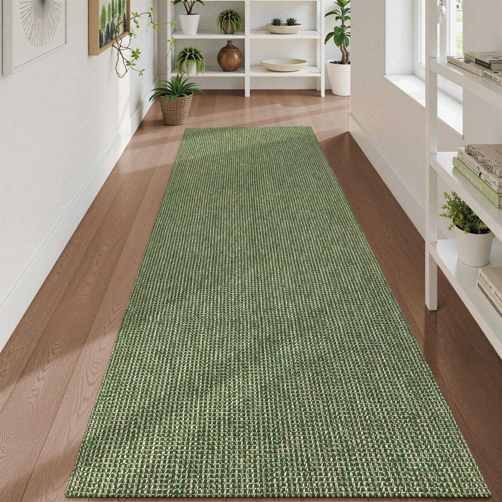 Photo 1 of Uphome Kitchen Runner Rug, 2'6x8 Washable Boho Rug Runners for Hallways Non Slip, Low Pile Woven Cotton Modern Carpet Runners, Stain Resistant Bedroom Runner Rug for Hallway Entryway Entrance, Green