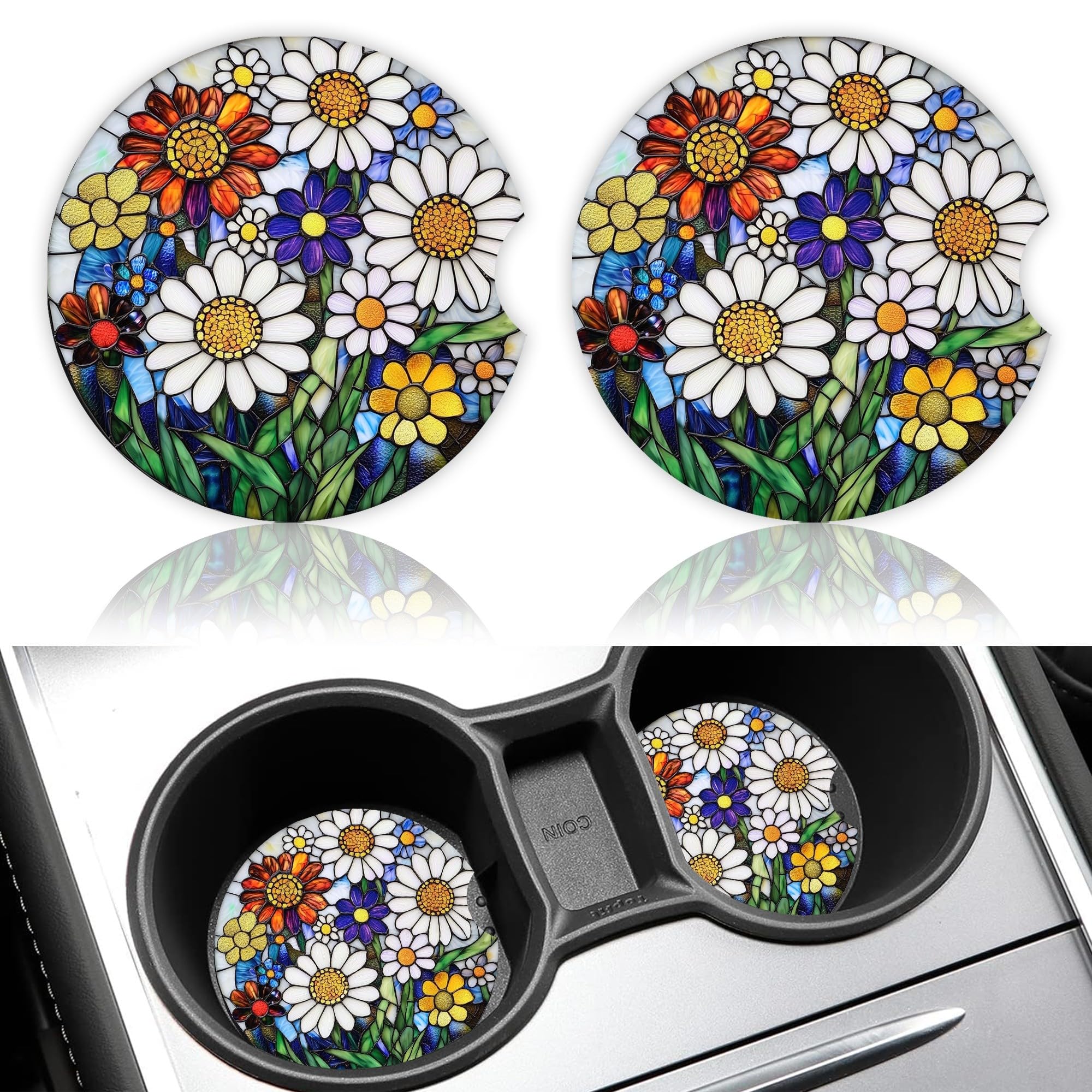 Photo 1 of 2 Pack Car Cup Holder Coasters, 2.56 Inch Flower Ceramic Cup Holder Insert, Universal Auto Non-Slip Absorbent Coaster, with Base and Finger Notch, Car Interior Accessories Sets for Women Men