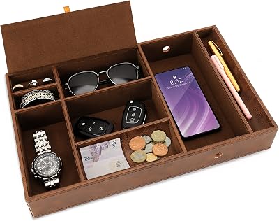 BELLE VOUS Brown Faux Leather Valet Tray - 6 Compartment Desk Organiser