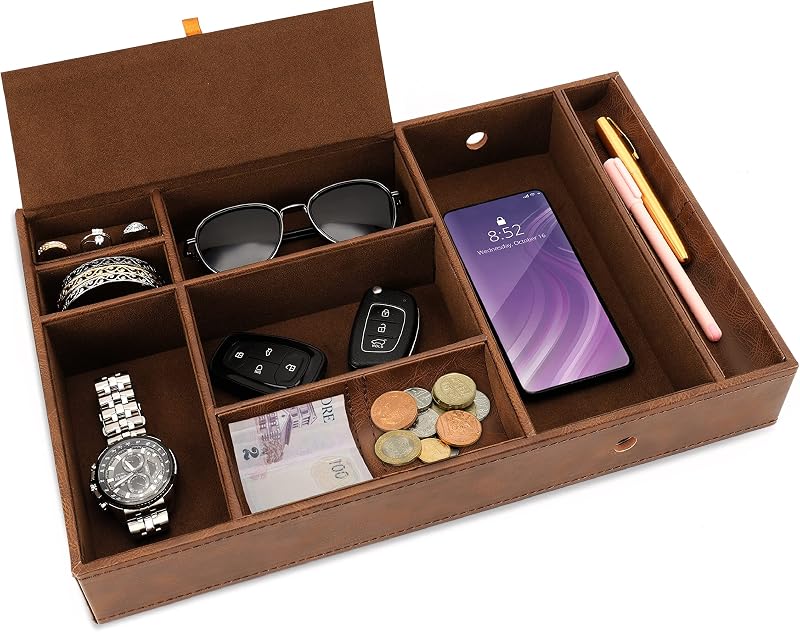 BELLE VOUS Brown Faux Leather Valet Tray - 6 Compartment Desk Organiser