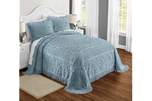 Montgomery Ward Emily Floral Chenille Bedspread, Soft Cotton Comforter, King Size Quilt in Blue - Luxury Hotel Bedding, King Bedspread (Blue, King)