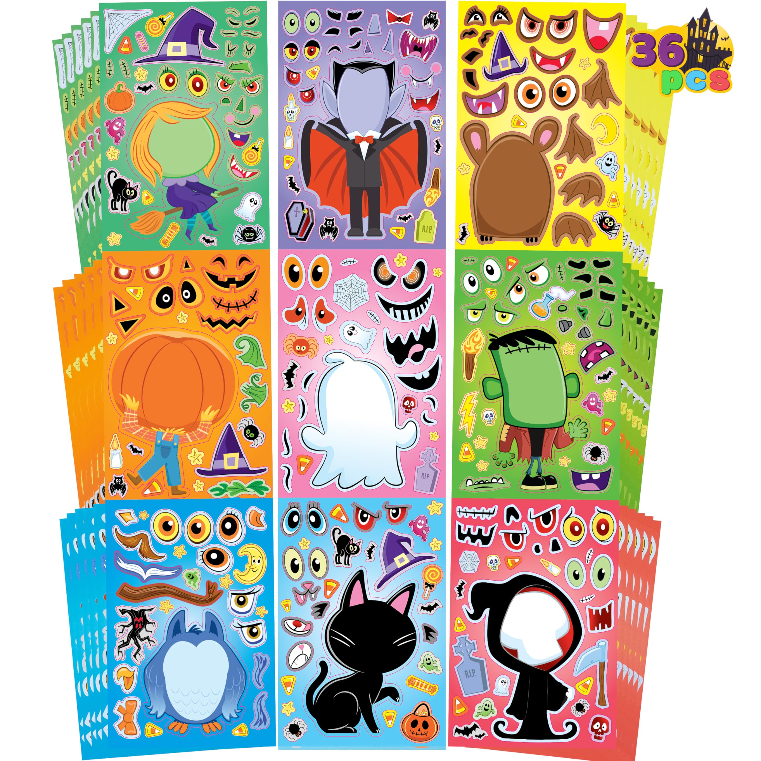 JOYIN 36 Pcs Halloween Make a Face Stickers for Kids, Crafts Party Supplies, Halloween Party Favor, Funny Stickers with 9 Designs, Classroom Art Activities Games Goodies Treats