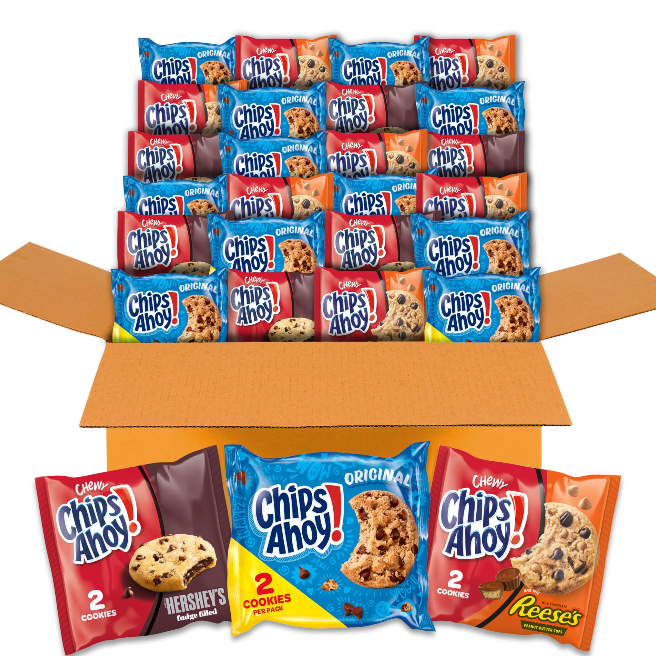 Photo 1 of **BB 8/6/25**CHIPS AHOY! Cookies Variety Pack, Original Chocolate Chip, Chewy Chocolate Chip with Reese's Peanut Butter Cups & Chewy Hershey's Fudge Filled Soft Cookies, 50 Snack Packs
