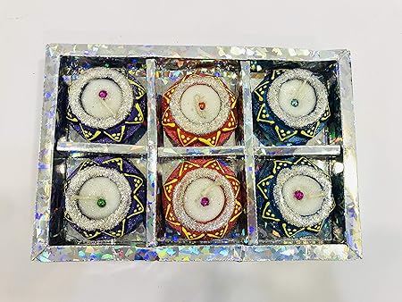 RealLife Handmade Traditional Big Matka/Matki/Handi Wax Clay Diya with Stone Work for Diwali Puja Pooja Terracotta/Deepak Diya Set of 6