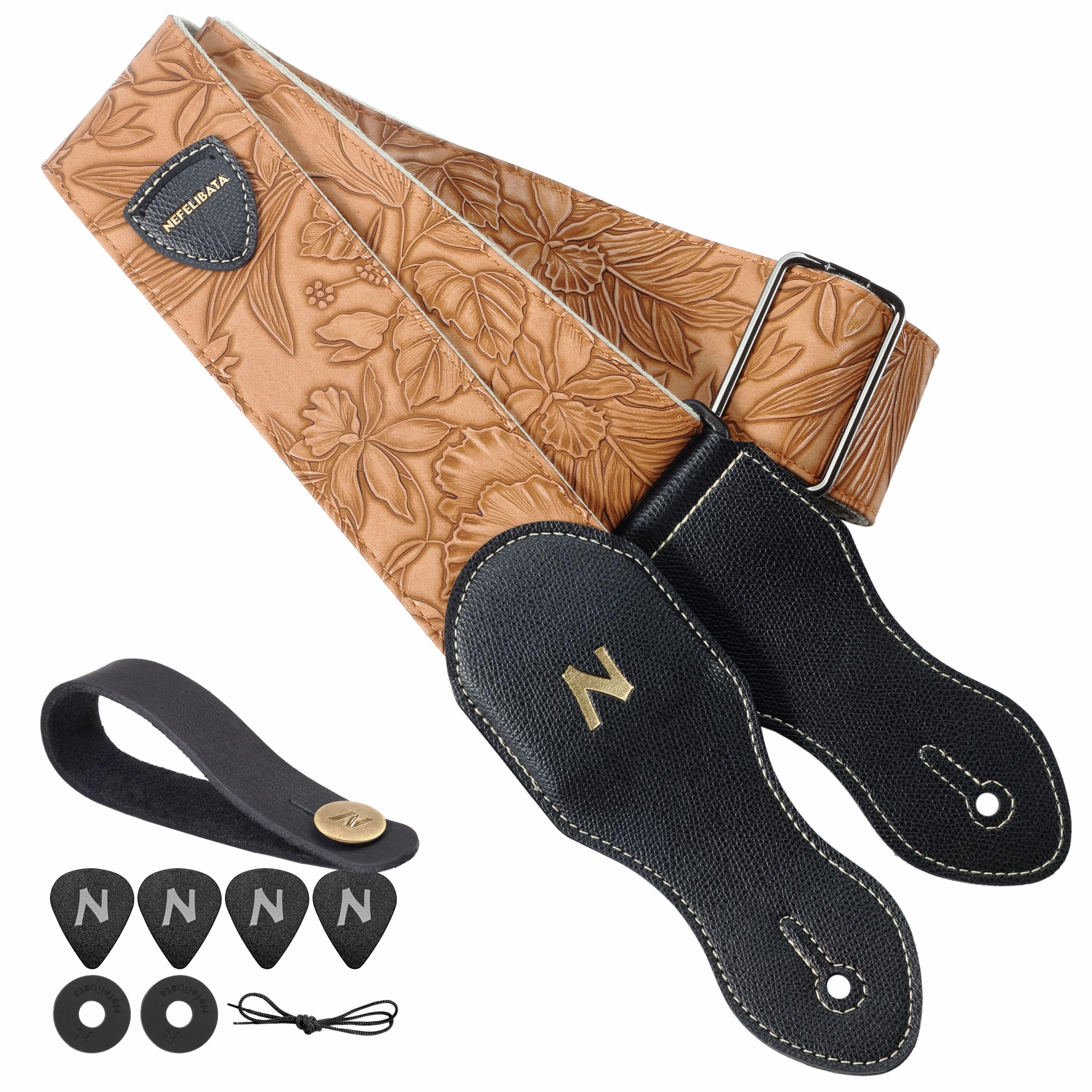 Nefelibata Guitar Strap with Pick Pocket,2.3 inch Porter Style Vegan Leather Guitar Straps,60s Western Vintage,Include Guitar Picks,Strap Button and Strap Locks