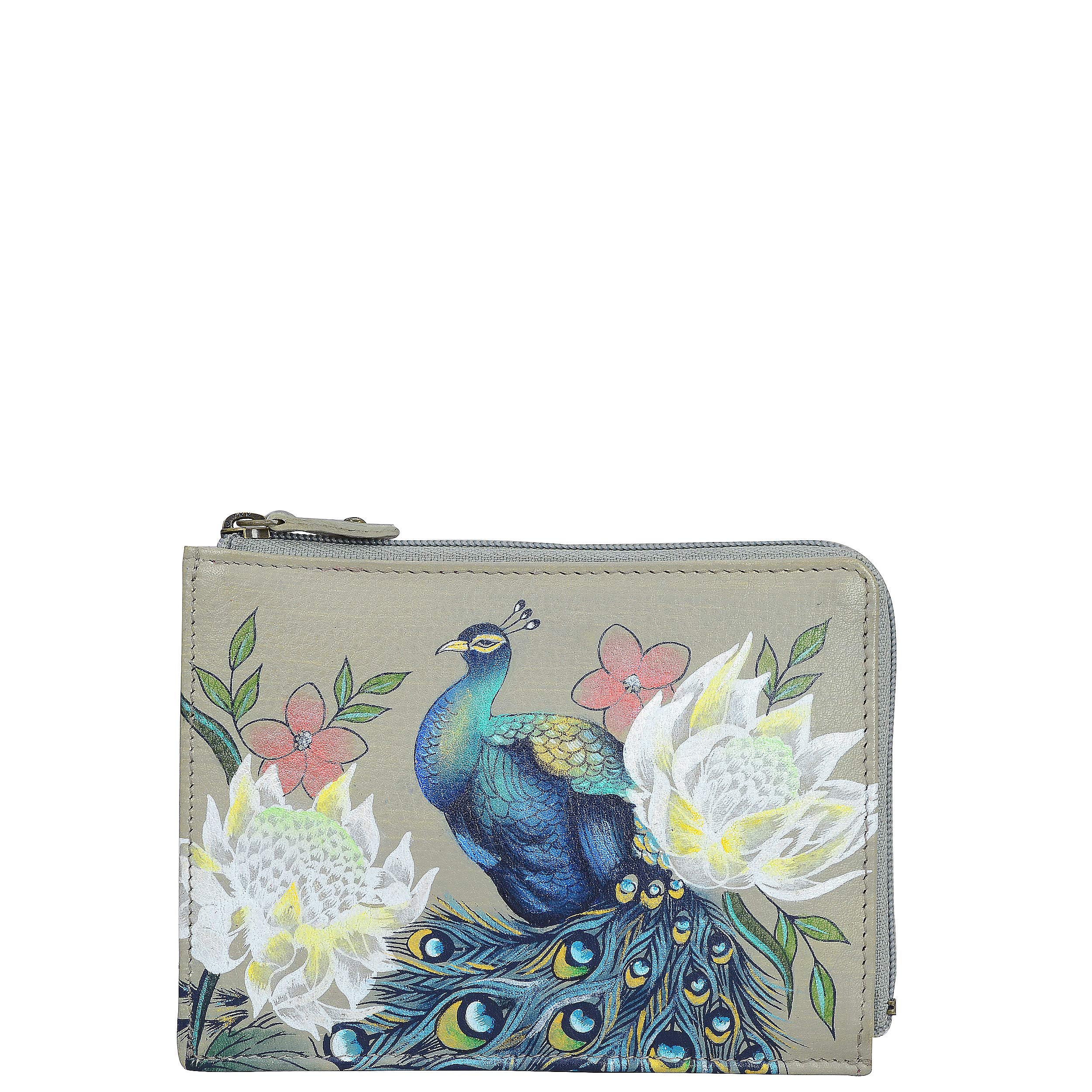 Anuschka Women’s Genuine Leather Card & Coin Case - Hand Painted Original Artwork - Regal Peacock