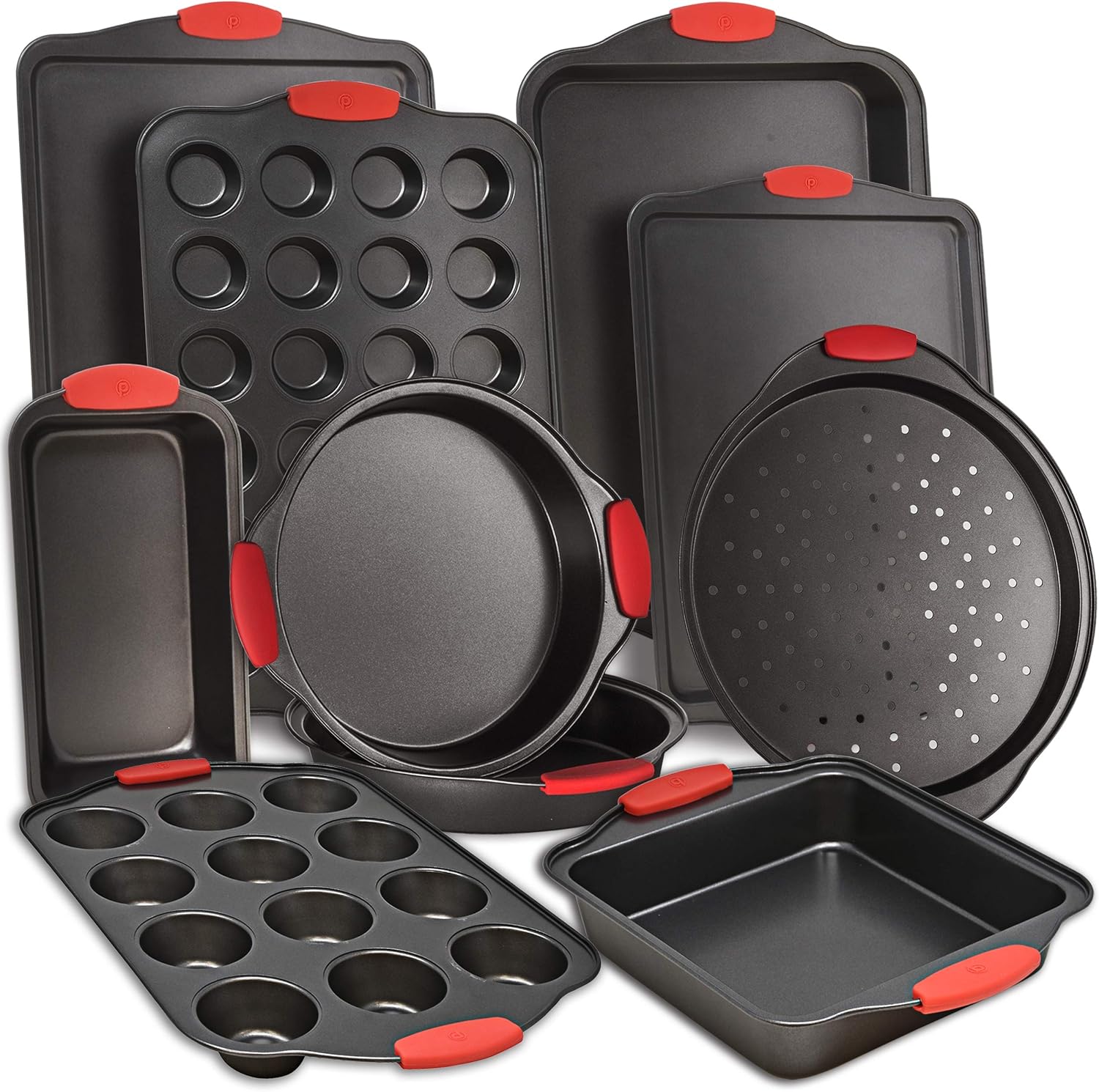 Perlli 10-Piece Nonstick Carbon Steel Bakeware Set With Red Silicone Handles | |Metal, Reusable, Quality Kitchenware For Cooking & Baking Cake Loaf, Muffins & More: Kitchen & Dining