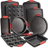 PERLLI Nonstick Bakeware Sets, 11 Piece Steel Baking Pan Tray Set with Silicone Handles Kitchen Oven Safe, Cookie Sheet, Muff