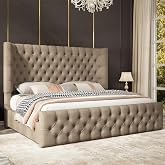 Jocisland King Size Bed Frame Upholstered Sleigh Headboard&amp;Footboard,Khaki | Platform Bed Frame 49" Headboard,6.3" Thick Curved Wingback,Deep Button Linen Tufted Handcrafted Pleats,No Box Spring Needed