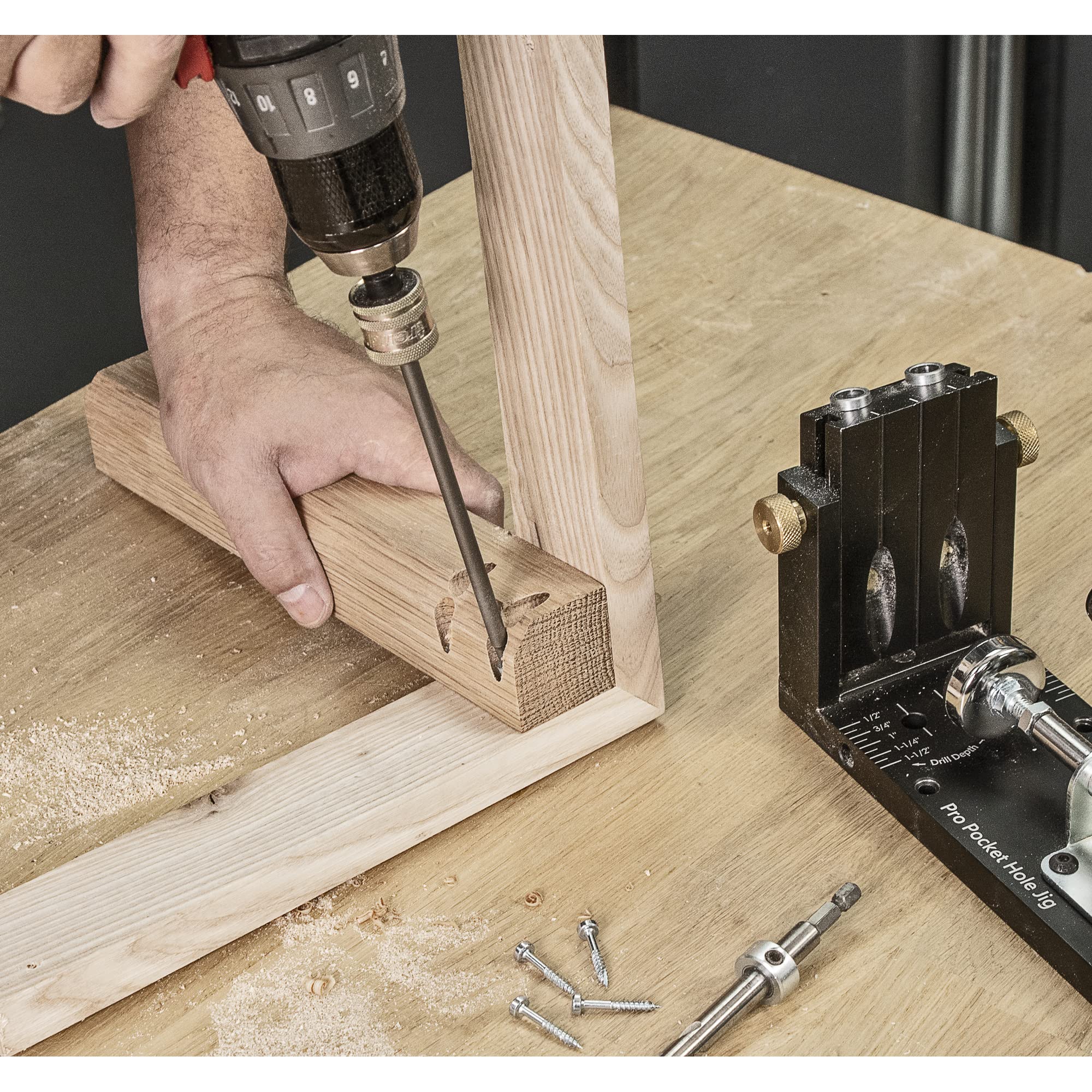 Trend Pocket Hole Jig Kit with Dual Column Jig, Face Clamp, HSS Drill Bit & Depth Setting Collar, 2 Square Bit Drives & 100 Pocket Hole Screws, PH/JIG