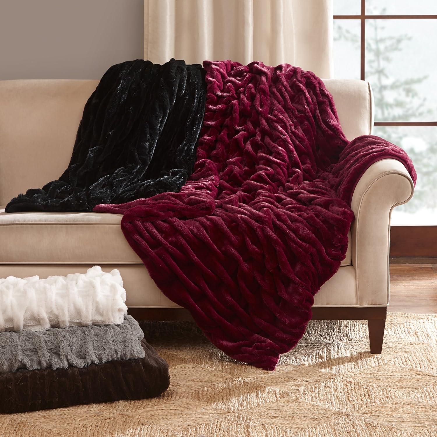 Madison Park Oversized Ruched Fur Luxury Throw Black 50x70