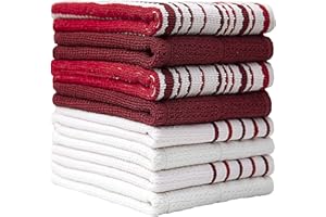 BUMBLE TOWELS Pack of 8 Premium Kitchen Towels Set - Striped Waffle Yarn Dyed Kitchen Hand Towels - Large, 420 GSM, Ultra Absorbent - Cotton Dish Towels for Drying Dishes - Red