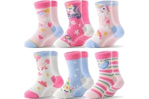 MOGGEI Kids Girls Toddlers Fuzzy Slipper Grips Socks Non Slip Warm Winter Fluffy Cozy Thick Fun Crew Gripper Socks 6 Pairs