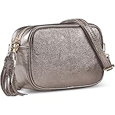Italian Genuine Metallic Suede Crossbody Bag for Women with Zipper | Small Leather Camera Purse Shoulder Handbag Pocketbook