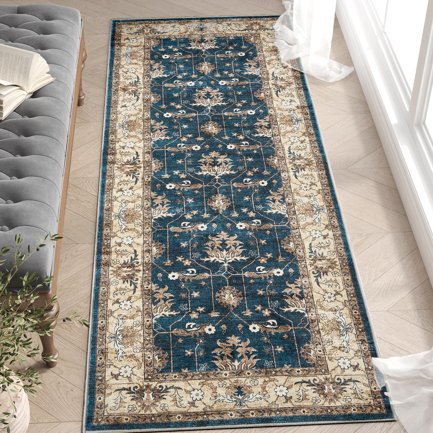 Photo 1 of jinchan Runner Rug 3'x10' Hallway Washable Rug Vintage Floral Print Mat Kitchen Indoor Oriental Boho Non Slip Classic Retro Carpet for Bedroom Laundry Living Room Bathroom 3x10ft Navy Blue