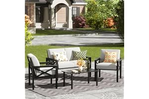 NATURAL EXPRESSIONS Outdoor Patio Furniture 4 Pieces Set, Modern Patio Conversation Sets, Outdoor Sectional Metal Sofa with 5.5 Inch Cushion and Coffee Table for Balcony, Garden