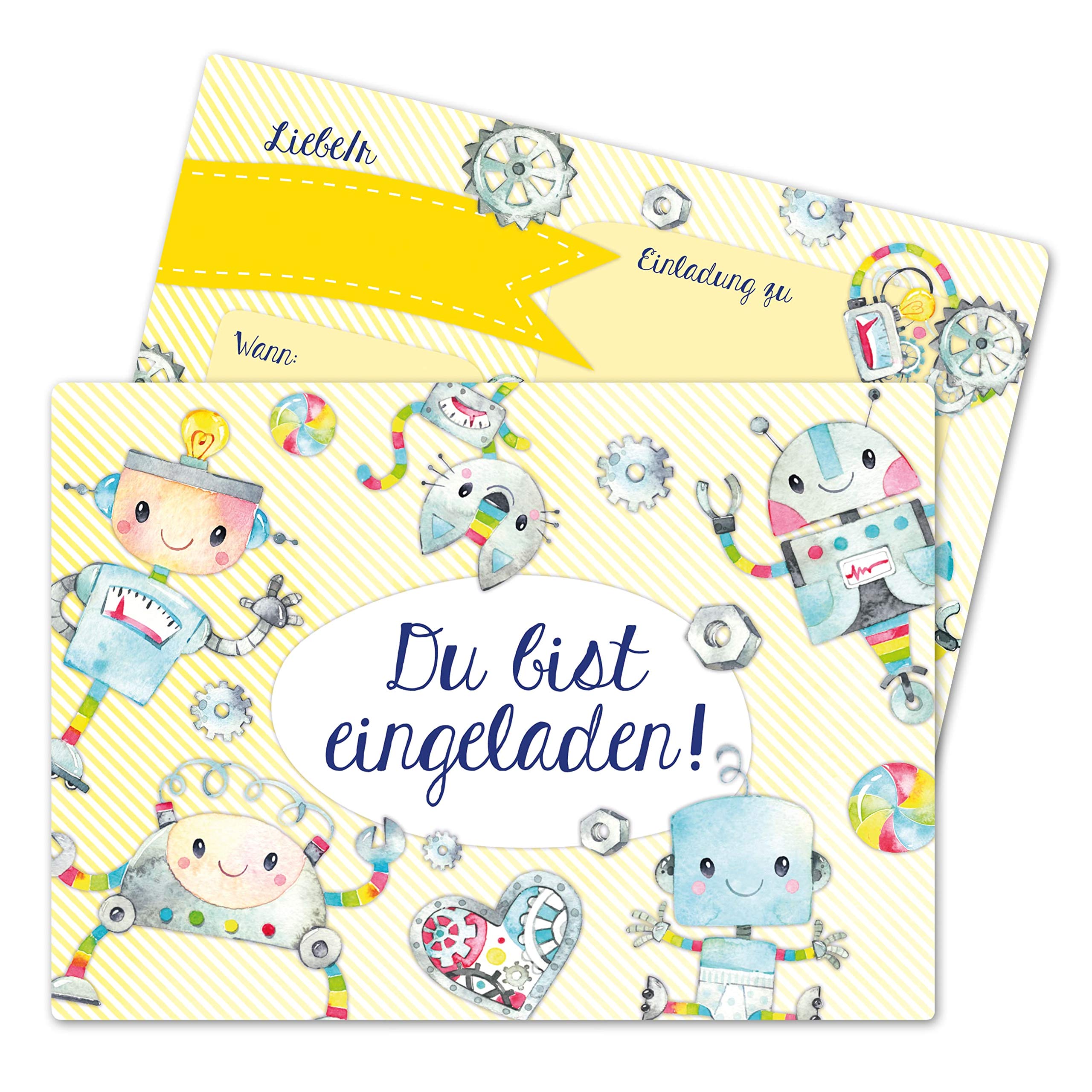 Papierdrachen 12 Invitation Cards for Children's Birthday Party for Boys – Robot Motif – Birthday Invitations for Your Birthday Party (A6)