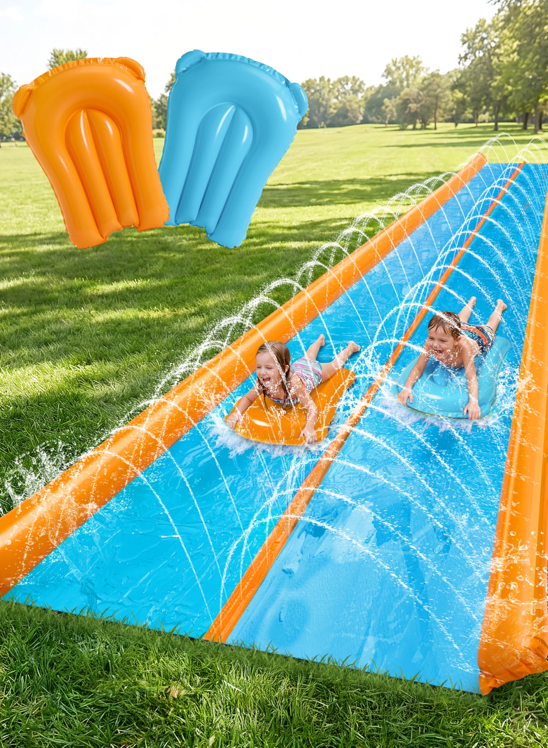 Sloosh Double Lane Water Slide, 762*183cm Heavy Duty Water Slip Lawn Slide with Sprinkler and 2 Inflatable Boards for Adult Kids Party Summer Yard Outdoor Play Activities