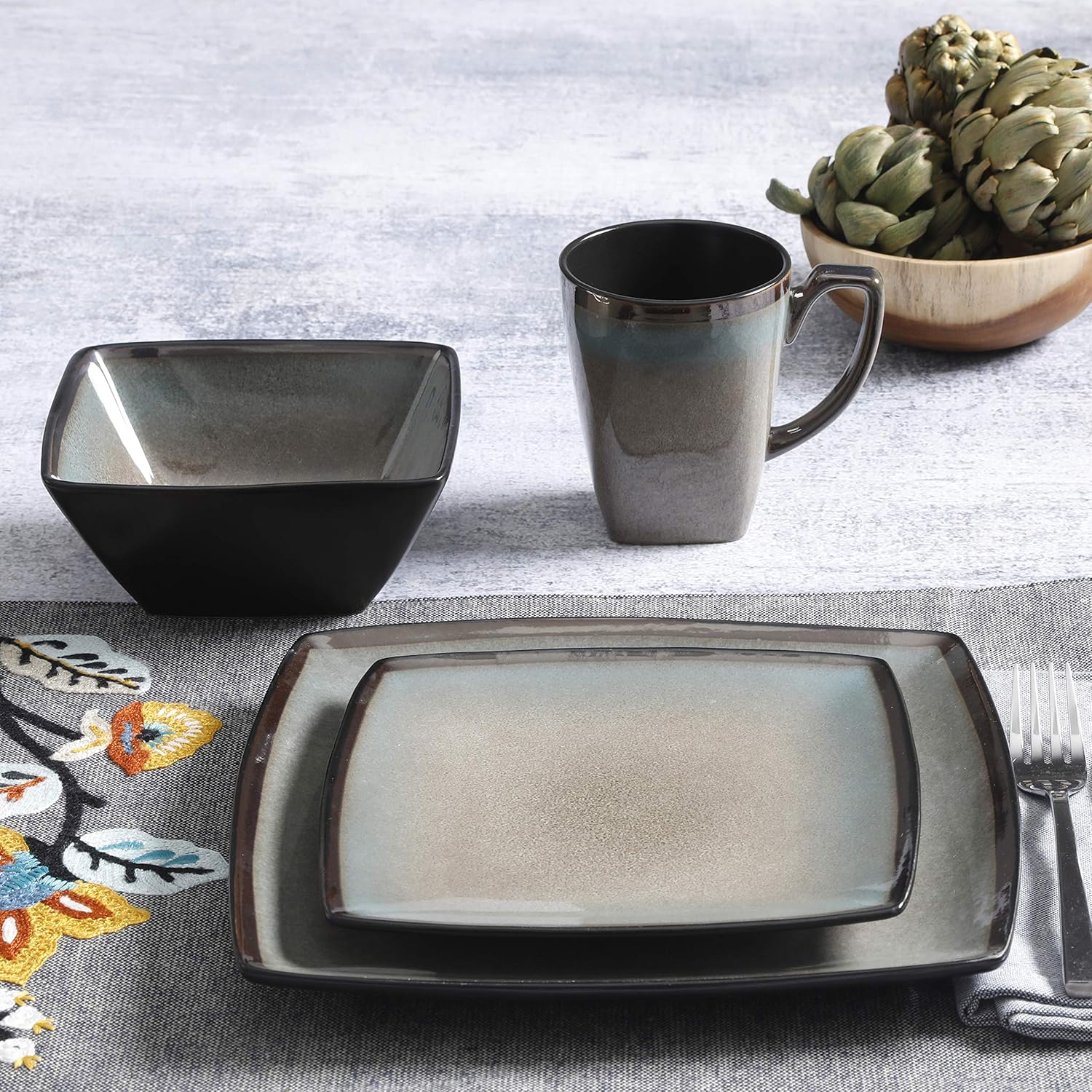  | Gibson Elite Tequesta Square Reactive Glaze Stoneware Dinnerware Set, Service for 4 (16pcs), Taupe: Dinnerware Sets
