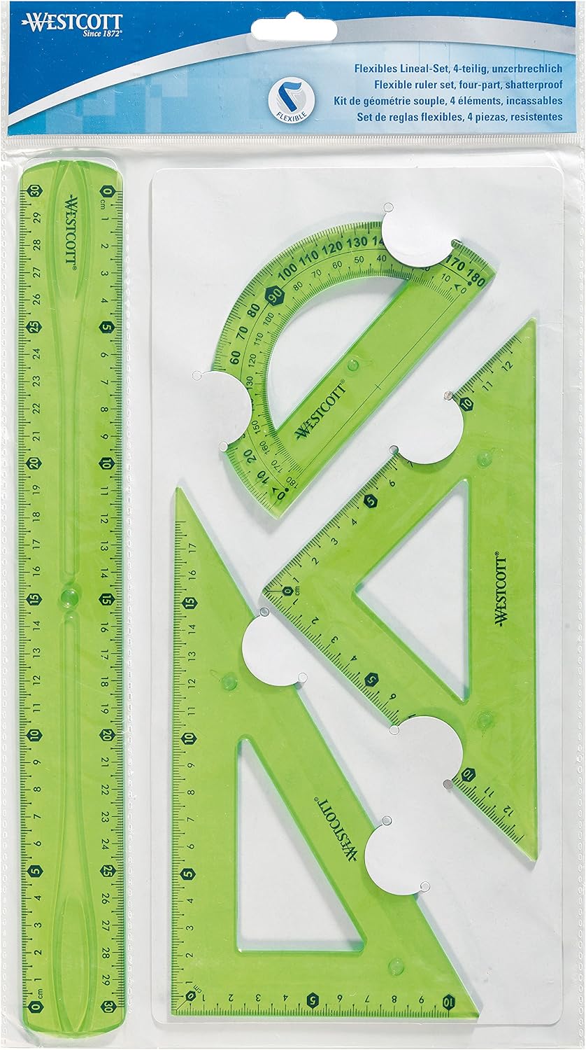 Westcott Flexible Ruler Set of 4 - 30 cm, 60 ° set square/18 cm, 45 °/13 cm, 180 ° protractor/12 cm - Plastic - Assorted Colors