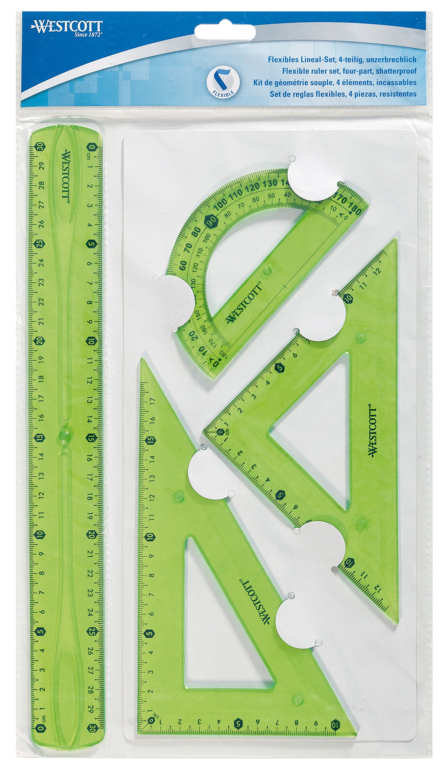 Westcott Flexible Ruler Set of 4 - 30 cm, 60 ° set square/18 cm, 45 °/13 cm, 180 ° protractor/12 cm - Plastic - Assorted Colors