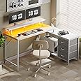 Huuger Reversible L Shaped Computer Desk with Drawers, Gaming Desk with LED Lights and Power Outlets, Office Desk with Storage Shelves, Corner Desk with Monitor Stand, for Home & Office, White