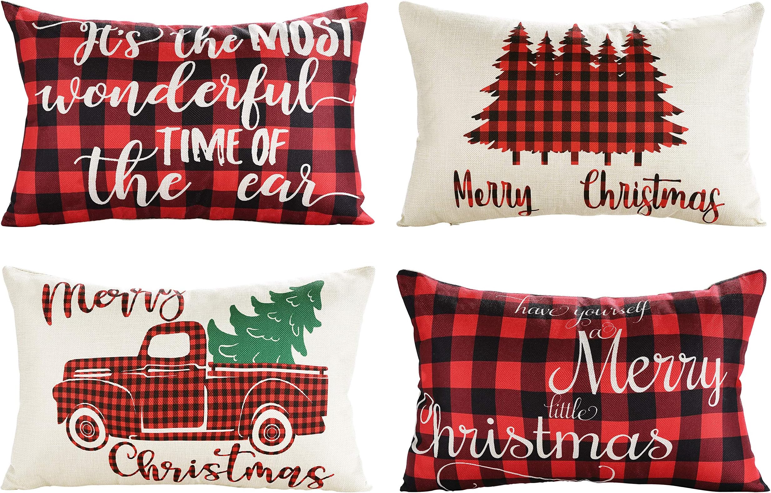 Lanpn Christmas 12x20 Throw Pillow Covers, Decorative Outdoor Farmhouse Buffalo Plaid Plad Merry Christmas Xmas Lumbar Pillow Shams Cases Slipcovers Cover Set of 4 Couch Sofa