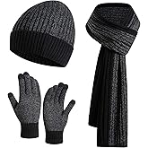 JTJFIT Winter Warm Knit Beanie Hat Long Neck Scarf Touchscreen Gloves Set with Knit Fleece Lined Skull Caps for Men