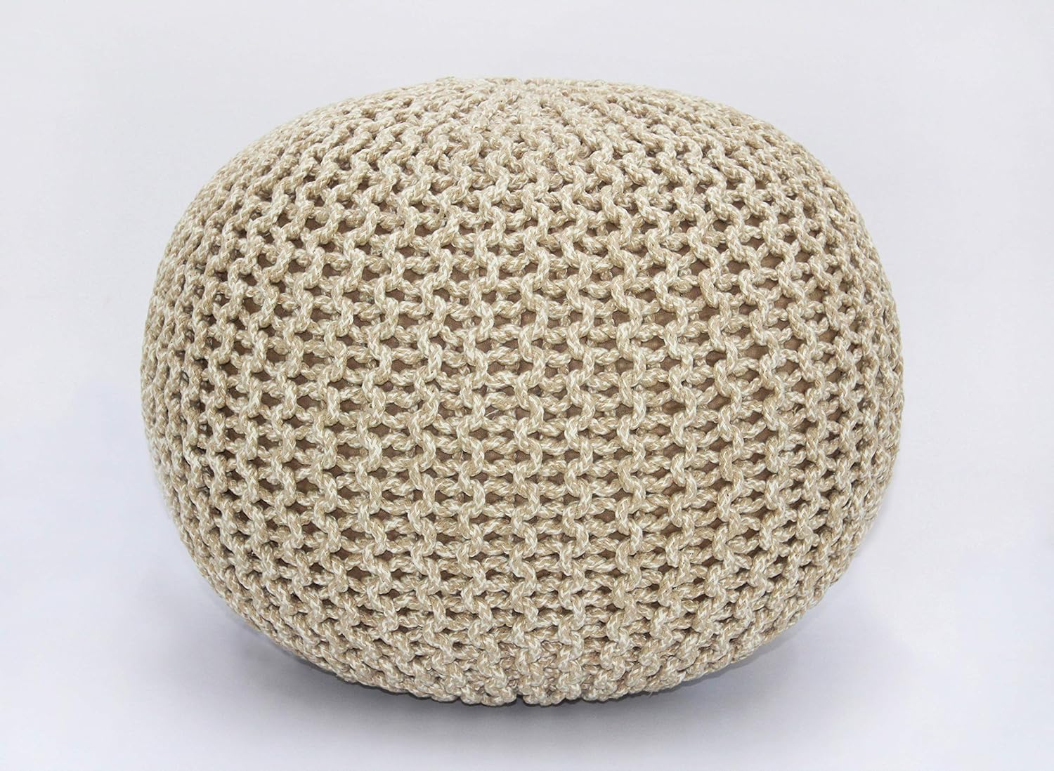 COTTON CRAFT - Hand Knitted Cable Style Tweed Dori Pouf - Natural - Floor Ottoman - 100% Cotton Braid Cord - Handmade & Hand Stitched - Truly one of a Kind Seating - 20 Dia x 14 High