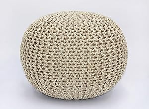 COTTON CRAFT - Hand Knitted Cable Style Tweed Dori Pouf - Natural - Floor Ottoman - 100% Cotton Braid Cord - Handmade & Hand Stitched - Truly one of a Kind Seating - 20 Dia x 14 High