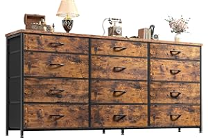 ROMORGNIZ 55" Dresser for Bedroom with 12 Fabric Drawers, Entertainment Center for 60 inch TV Dressers & Chests of Drawers Large Organizer, Living Room, Metal Frame, Wood Top, Rustic Brown