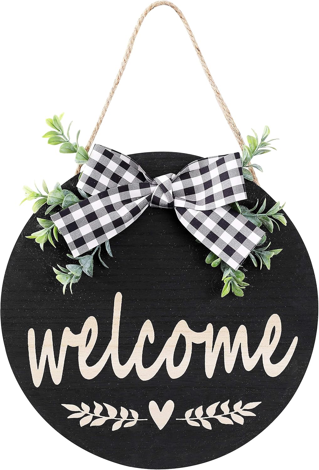 Welcome Sign Rustic Front Door Decor Round Wood Sign Hanging Welcome Farmhouse Porch Decoration Spring Hello Door Sign Home Outdoor Wall Decor (Black)