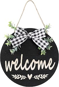 Welcome Sign Rustic Front Door Decor Round Wood Sign Hanging Welcome Farmhouse Porch Decoration Spring Hello Door Sign Home Outdoor Wall Decor (Black)