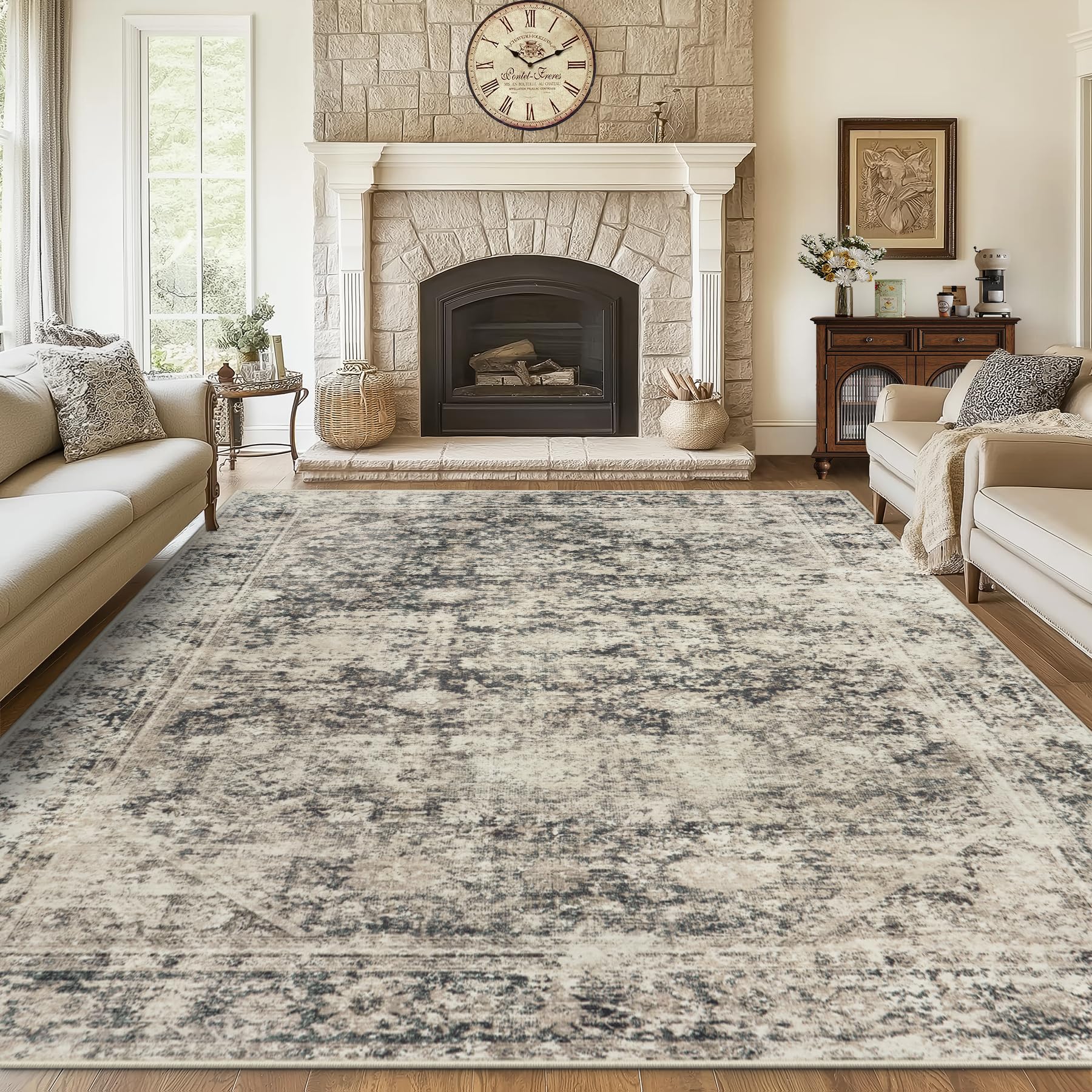 Photo 1 of *** PICTURE FOR REFERENCE***5x7 Area Rugs Washable Rug: Large Vintage Abstract Living Room Rug Soft Anti-Skid Thin Carpet Indoor Floor Stain Resistant Carpets for Bedroom Dining Farmhouse Nursery Home Office Beige Black