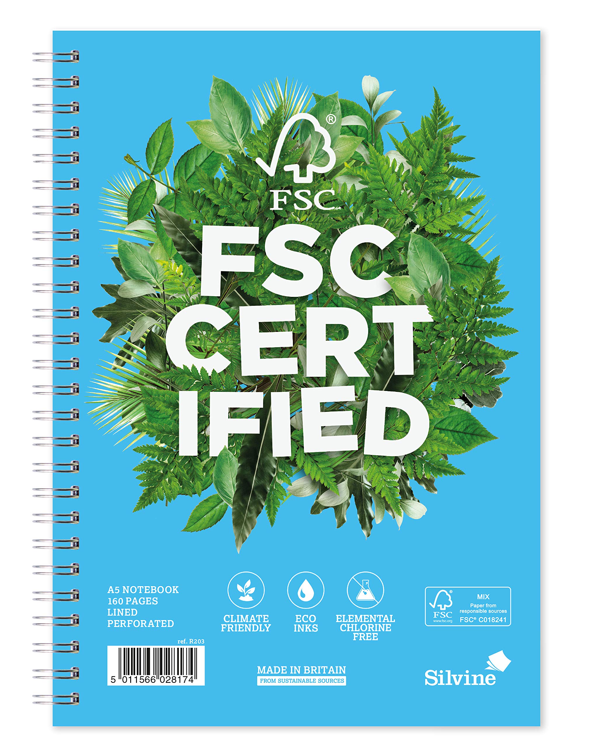 Silvine A5 Premium FSC Wirebound Notebook - Ruled Feint, 160 Pages of FSC Certified Paper. Ref R203, single