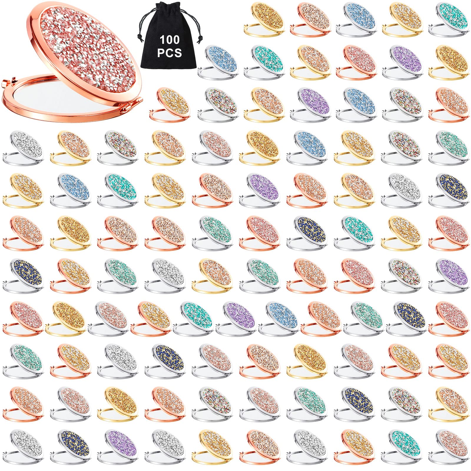 Photo 1 of Cindeer 100 Pcs Small Compact Mirror Folding Pocket Makeup Round Hand Held Cosmetic Magnifying Compact Rhinestone Mirror with 1X/2X Magnification for Women Girls Travel (Vintage Colors)